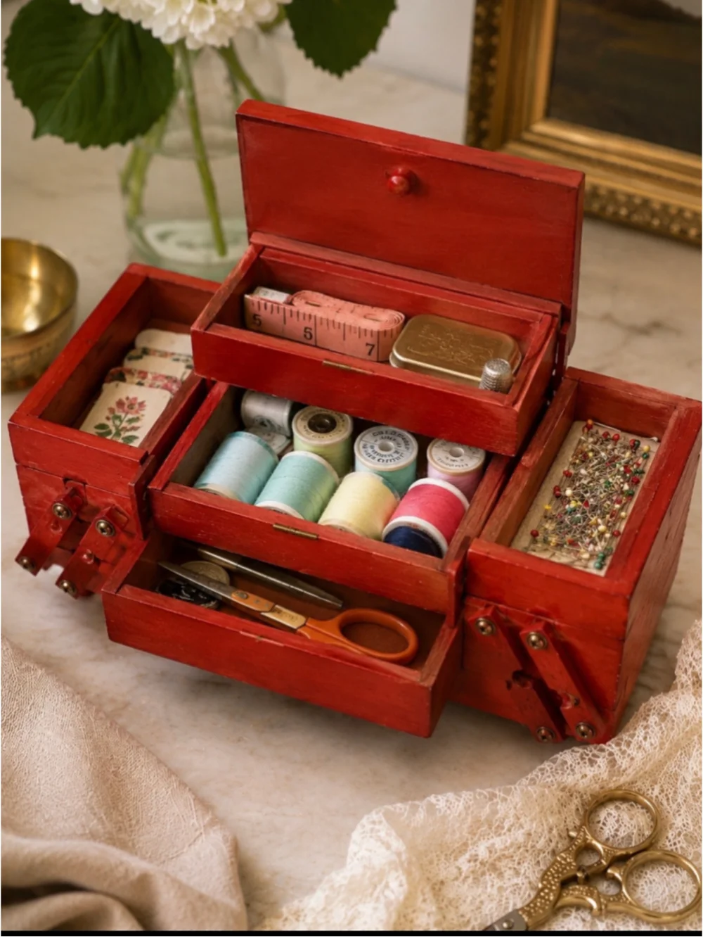 Mini Red Wooden Accordion Sewing Box Craft Organizer